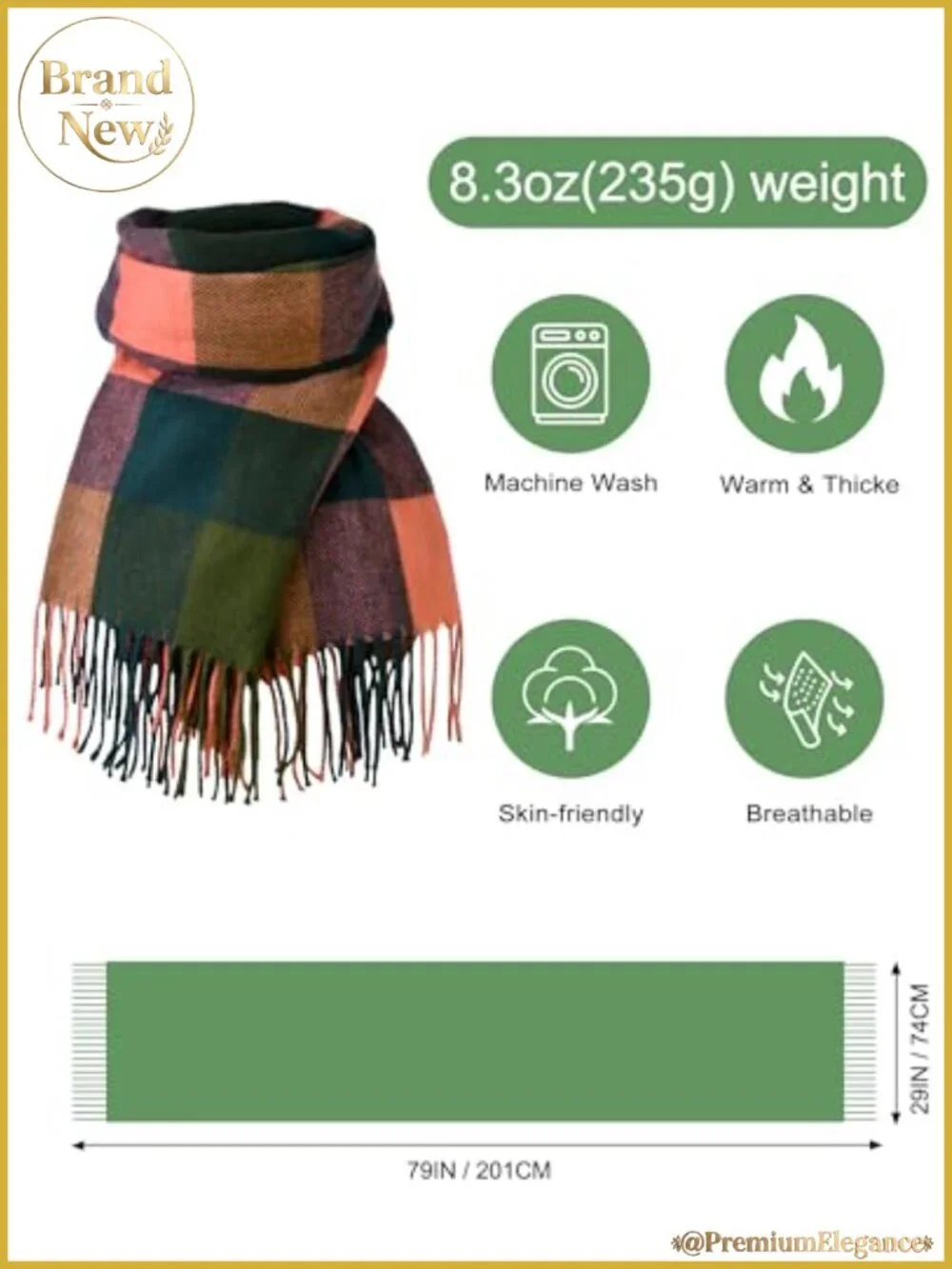 Acrylic Winter Scarf with Tassels and Plaid Design